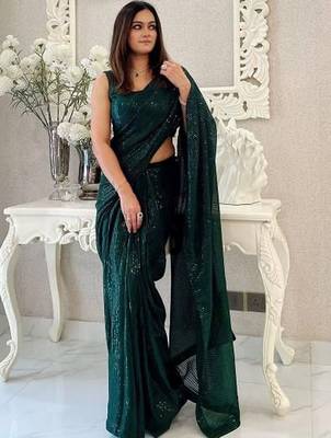 green embellished sequinned pure georgette designer saree 5