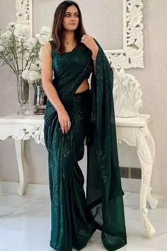 green embellished sequinned pure georgette designer saree
