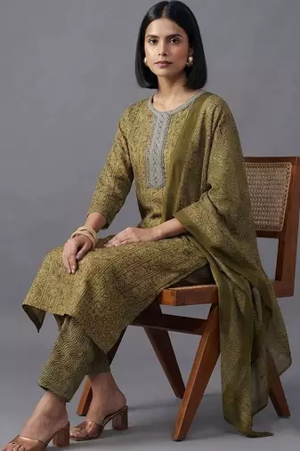 women ethnic motifs printed regular mirror work kurta with trousers & with dupatta