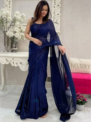 navy_blue embellished sequinned pure georgette designer saree 3