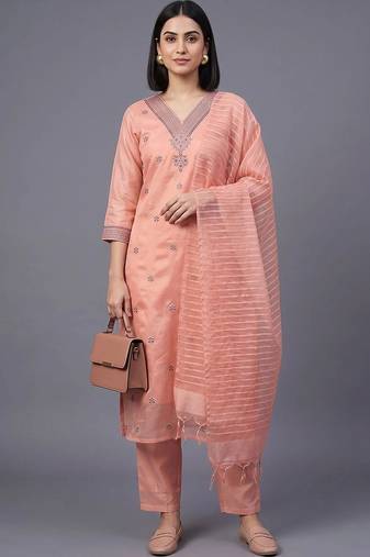 women ethnic motifs embroidered regular thread work kurta with trousers & with dupatta