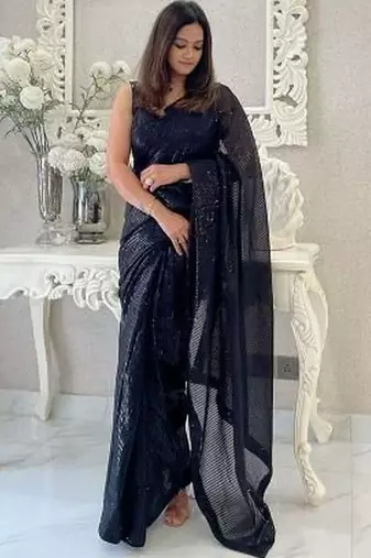 Black embellished sequinned pure georgette designer saree