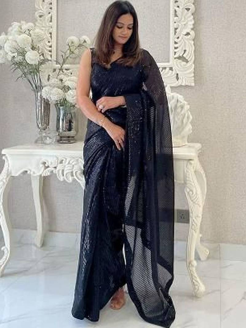 Black embellished sequinned pure georgette designer saree