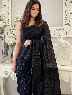 Black embellished sequinned pure georgette designer saree 2
