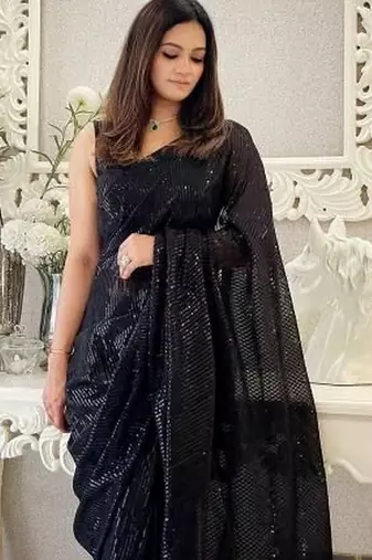 Black embellished sequinned pure georgette designer saree