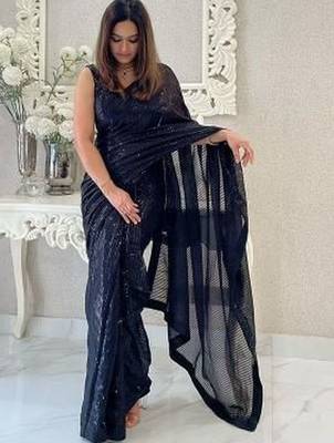 Black embellished sequinned pure georgette designer saree 3