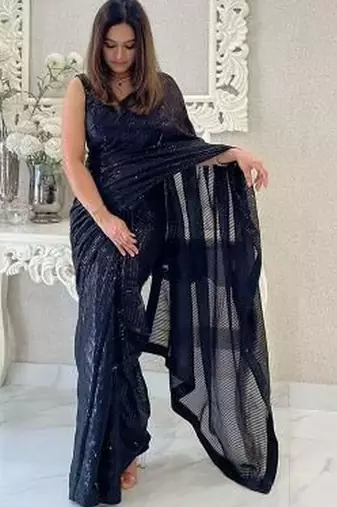 Black embellished sequinned pure georgette designer saree