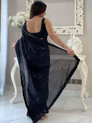 Black embellished sequinned pure georgette designer saree 5