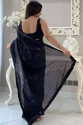 Black embellished sequinned pure georgette designer saree