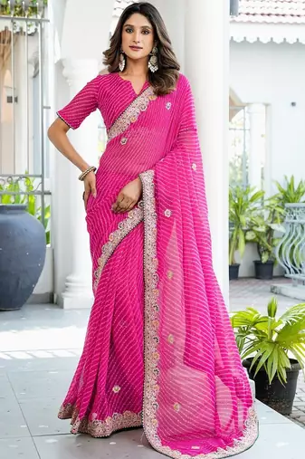 pink leheriya embroidered poly georgette bandhani saree