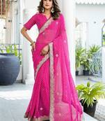 pink leheriya embroidered poly georgette bandhani saree