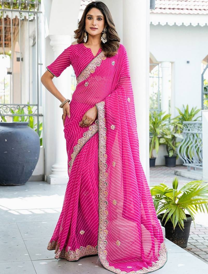 pink leheriya embroidered poly georgette bandhani saree