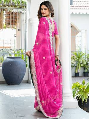 pink leheriya embroidered poly georgette bandhani saree 2