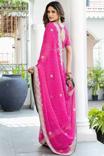 pink leheriya embroidered poly georgette bandhani saree