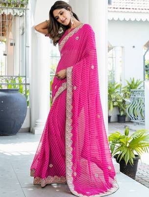 pink leheriya embroidered poly georgette bandhani saree 3