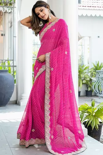 pink leheriya embroidered poly georgette bandhani saree