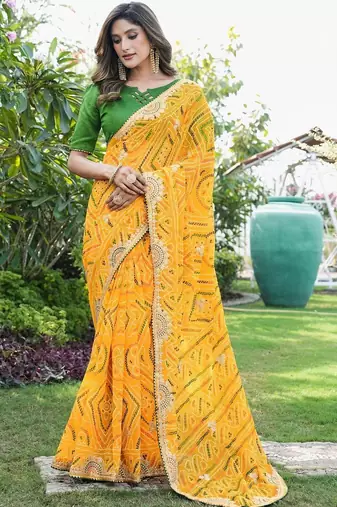 yellow bandhani embroidered poly georgette bandhani saree
