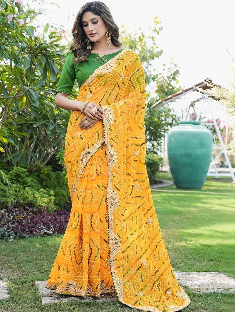 yellow bandhani embroidered poly georgette bandhani saree