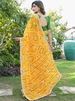 yellow bandhani embroidered poly georgette bandhani saree 2