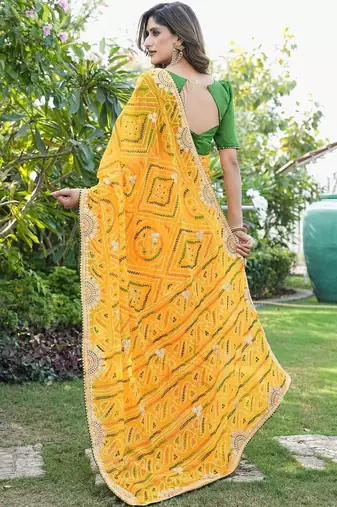 yellow bandhani embroidered poly georgette bandhani saree