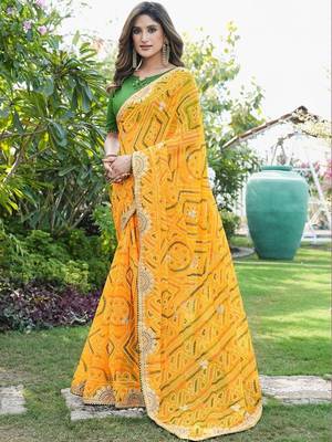 yellow bandhani embroidered poly georgette bandhani saree 3