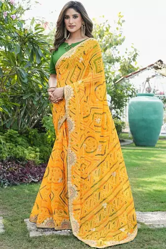 yellow bandhani embroidered poly georgette bandhani saree