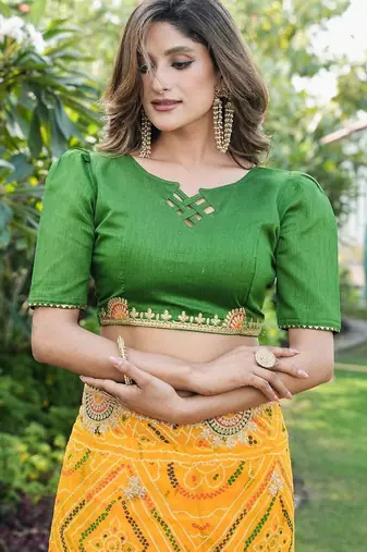 yellow bandhani embroidered poly georgette bandhani saree