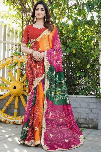 Multicolor bandhani embroidered poly georgette bandhani saree