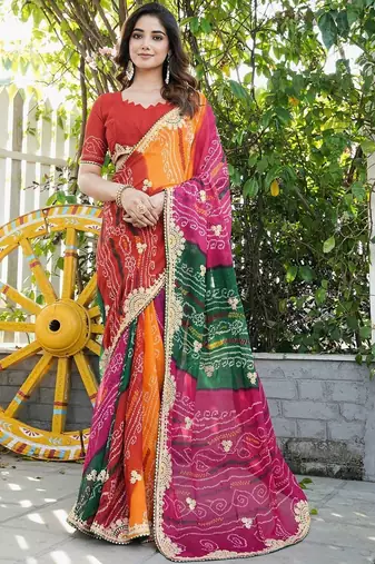 Multicolor bandhani embroidered poly georgette bandhani saree