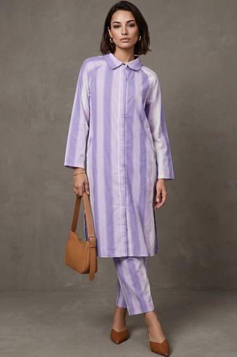 women striped regular cotton kurta with trousers