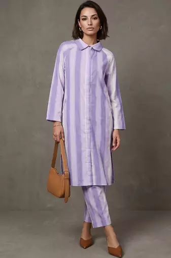 women striped regular cotton kurta with trousers