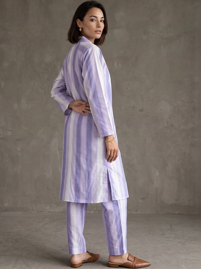 women striped regular cotton kurta with trousers