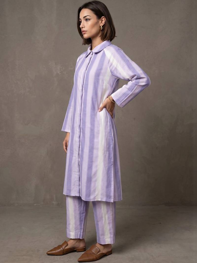 women striped regular cotton kurta with trousers