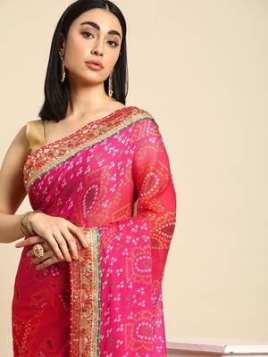 pink gotta patti poly georgette bandhani saree 1