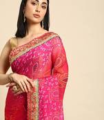 pink gotta patti poly georgette bandhani saree