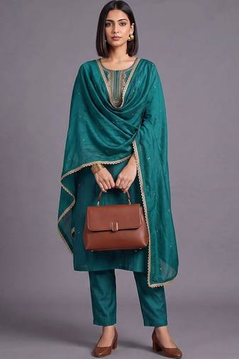 women ethnic motifs embroidered regular sequinned kurta with trousers & with dupatta