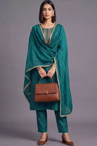 women ethnic motifs embroidered regular sequinned kurta with trousers & with dupatta