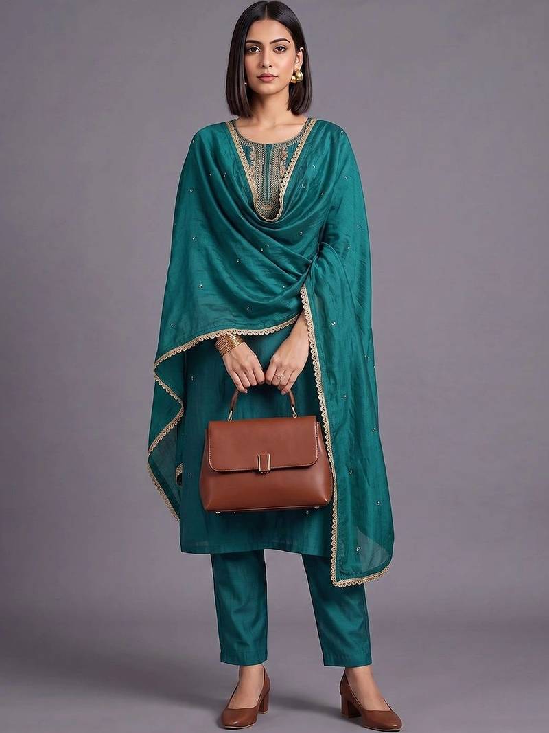 women ethnic motifs embroidered regular sequinned kurta with trousers & with dupatta