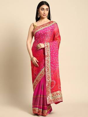 pink gotta patti poly georgette bandhani saree 2