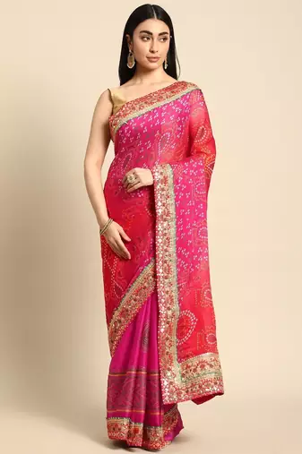 pink gotta patti poly georgette bandhani saree