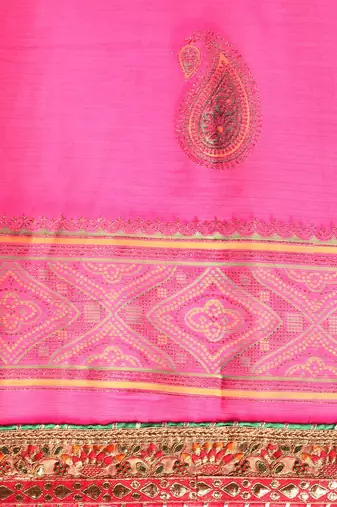 pink gotta patti poly georgette bandhani saree