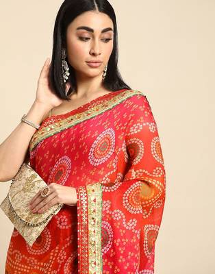 Pink gotta patti poly georgette bandhani saree 1