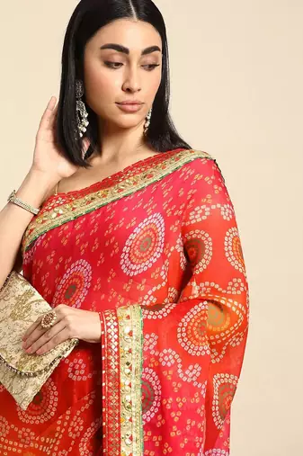 Pink gotta patti poly georgette bandhani saree