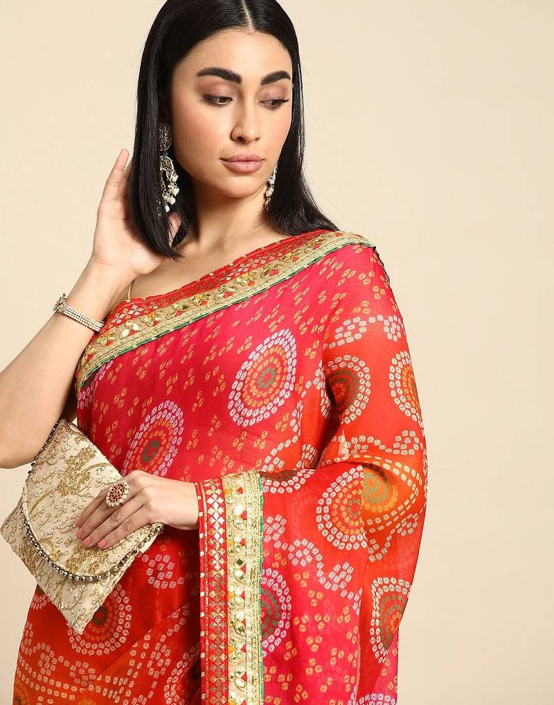 Pink gotta patti poly georgette bandhani saree