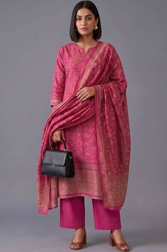 women ethnic motifs printed regular chanderi silk kurta with trousers & dupatta