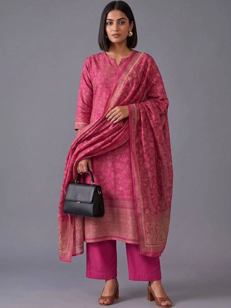 women ethnic motifs printed regular chanderi silk kurta with trousers & dupatta