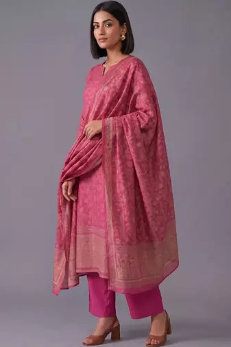 women ethnic motifs printed regular chanderi silk kurta with trousers & dupatta
