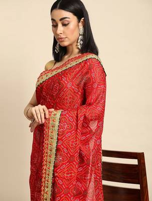 red gotta patti poly georgette bandhani saree 1