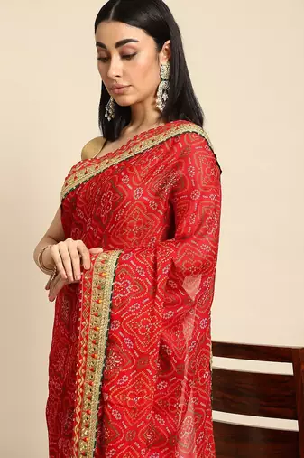 red gotta patti poly georgette bandhani saree