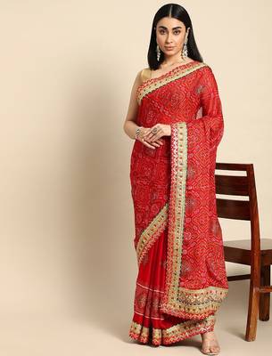 red gotta patti poly georgette bandhani saree 2